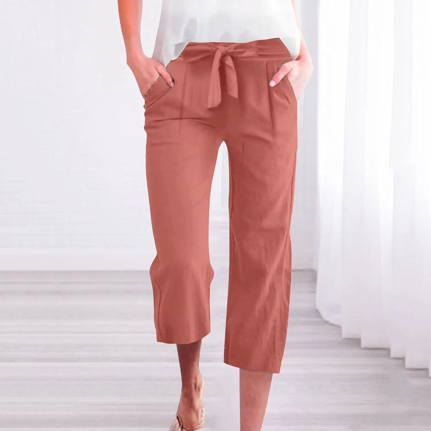 Womens Plus Size Capris Pants 2025 Casual Solid Elastic High Waist Lounge Pants Drawstring Wide Leg Cropped Trousers