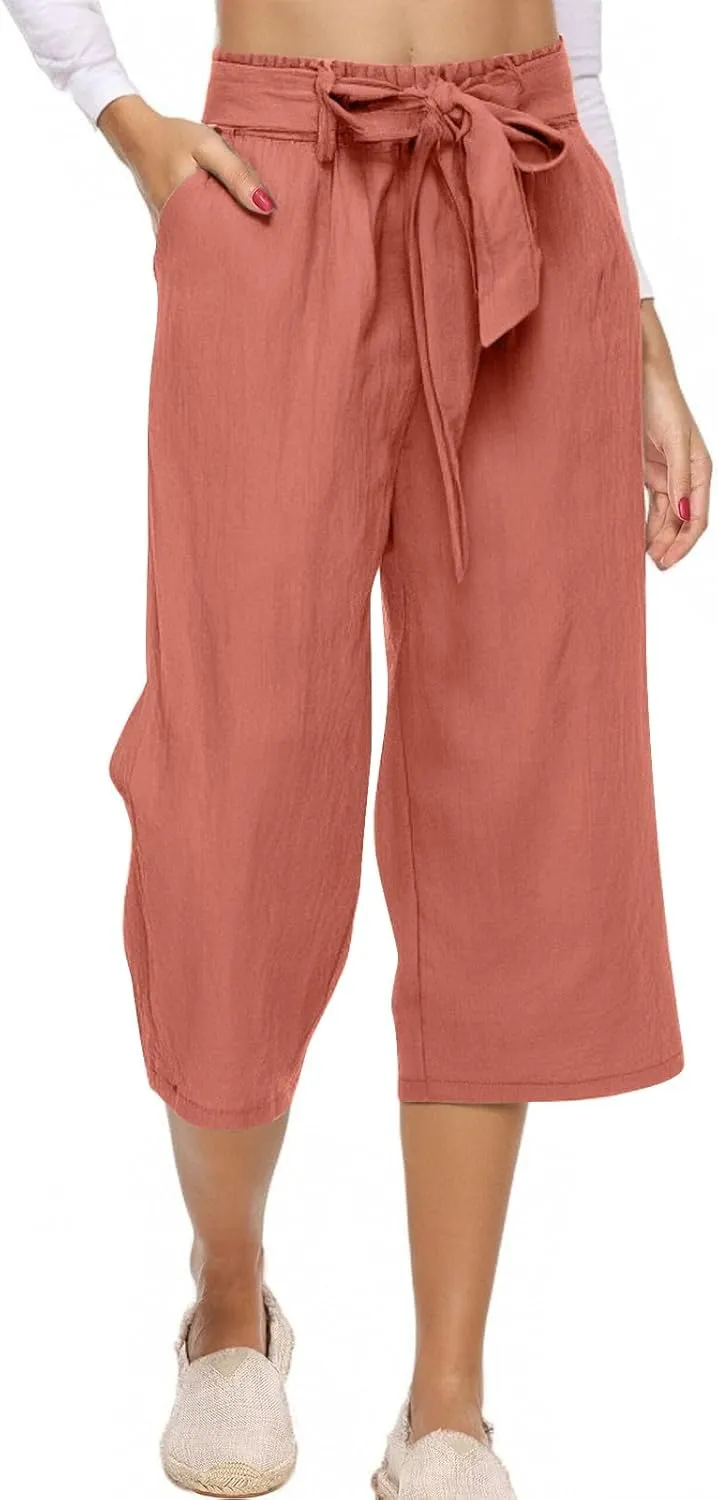 Womens Plus Size Capris Pants 2025 Casual Solid Elastic High Waist Lounge Pants Drawstring Wide Leg Cropped Trousers