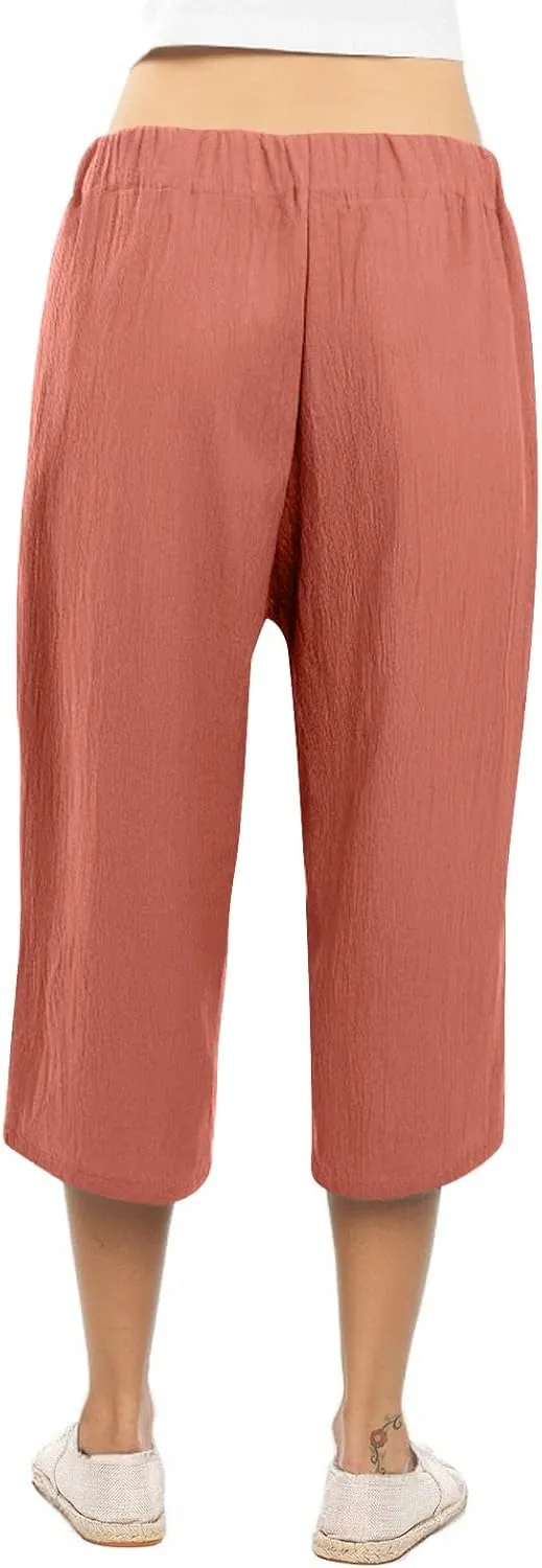 Womens Plus Size Capris Pants 2025 Casual Solid Elastic High Waist Lounge Pants Drawstring Wide Leg Cropped Trousers