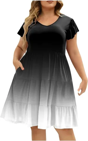 Women's Plus Size Dress V-Neck Tunic Ruffle Short Sleeve A-Line Flowy Pleated Hem Dress Gradient Color Midi Dresses