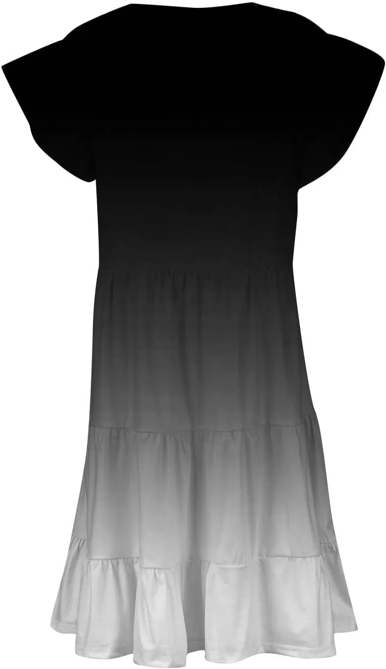 Women's Plus Size Dress V-Neck Tunic Ruffle Short Sleeve A-Line Flowy Pleated Hem Dress Gradient Color Midi Dresses