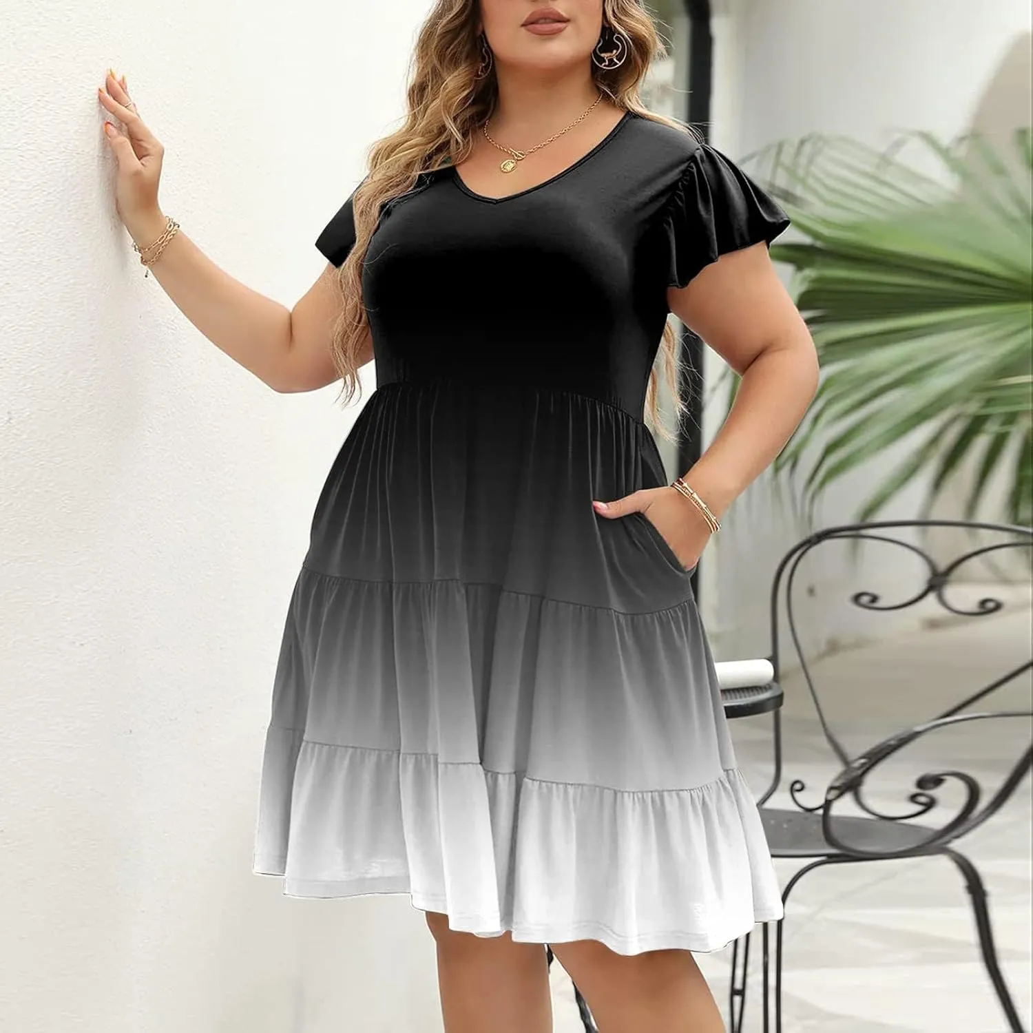Women's Plus Size Dress V-Neck Tunic Ruffle Short Sleeve A-Line Flowy Pleated Hem Dress Gradient Color Midi Dresses