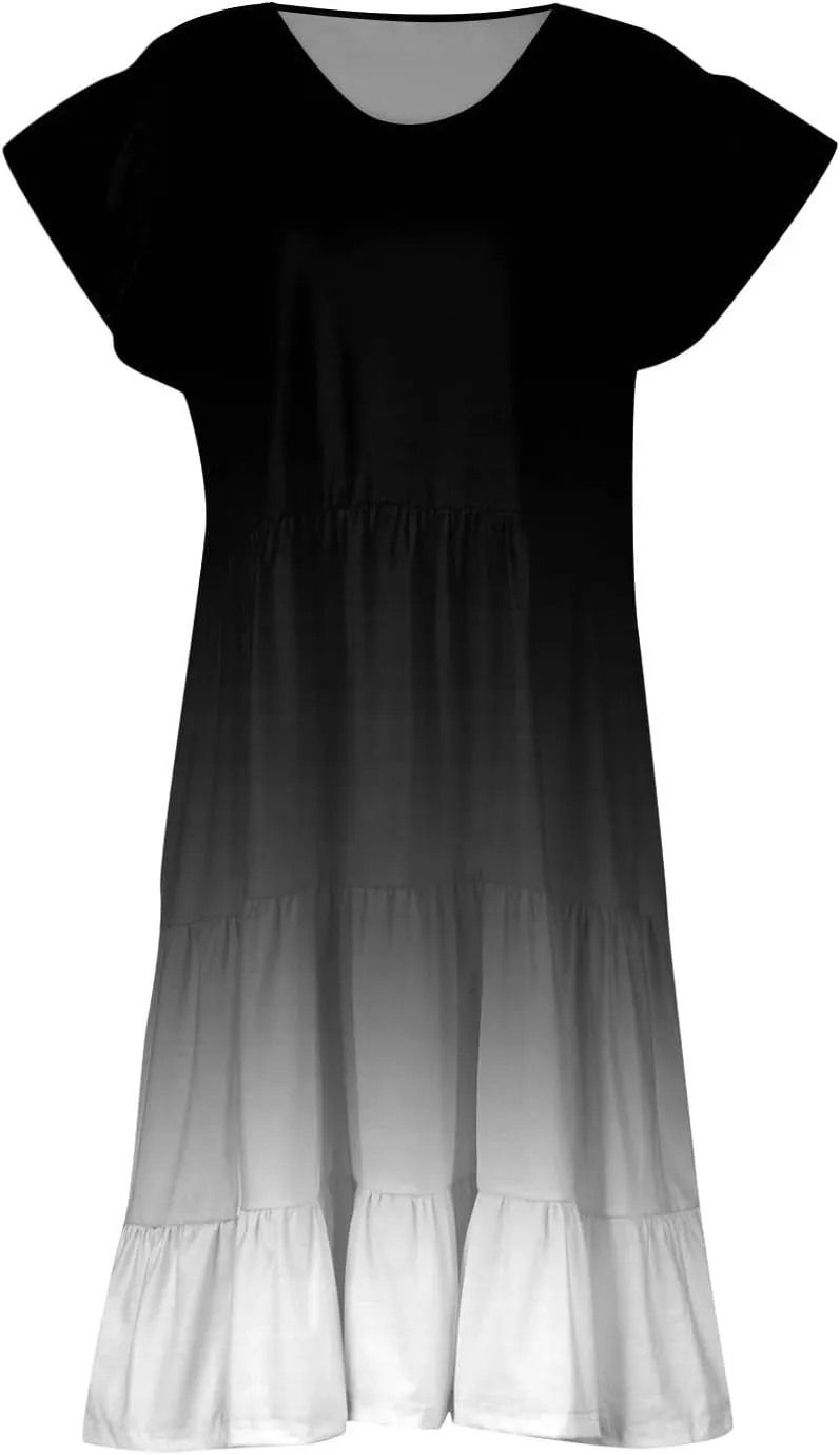 Women's Plus Size Dress V-Neck Tunic Ruffle Short Sleeve A-Line Flowy Pleated Hem Dress Gradient Color Midi Dresses