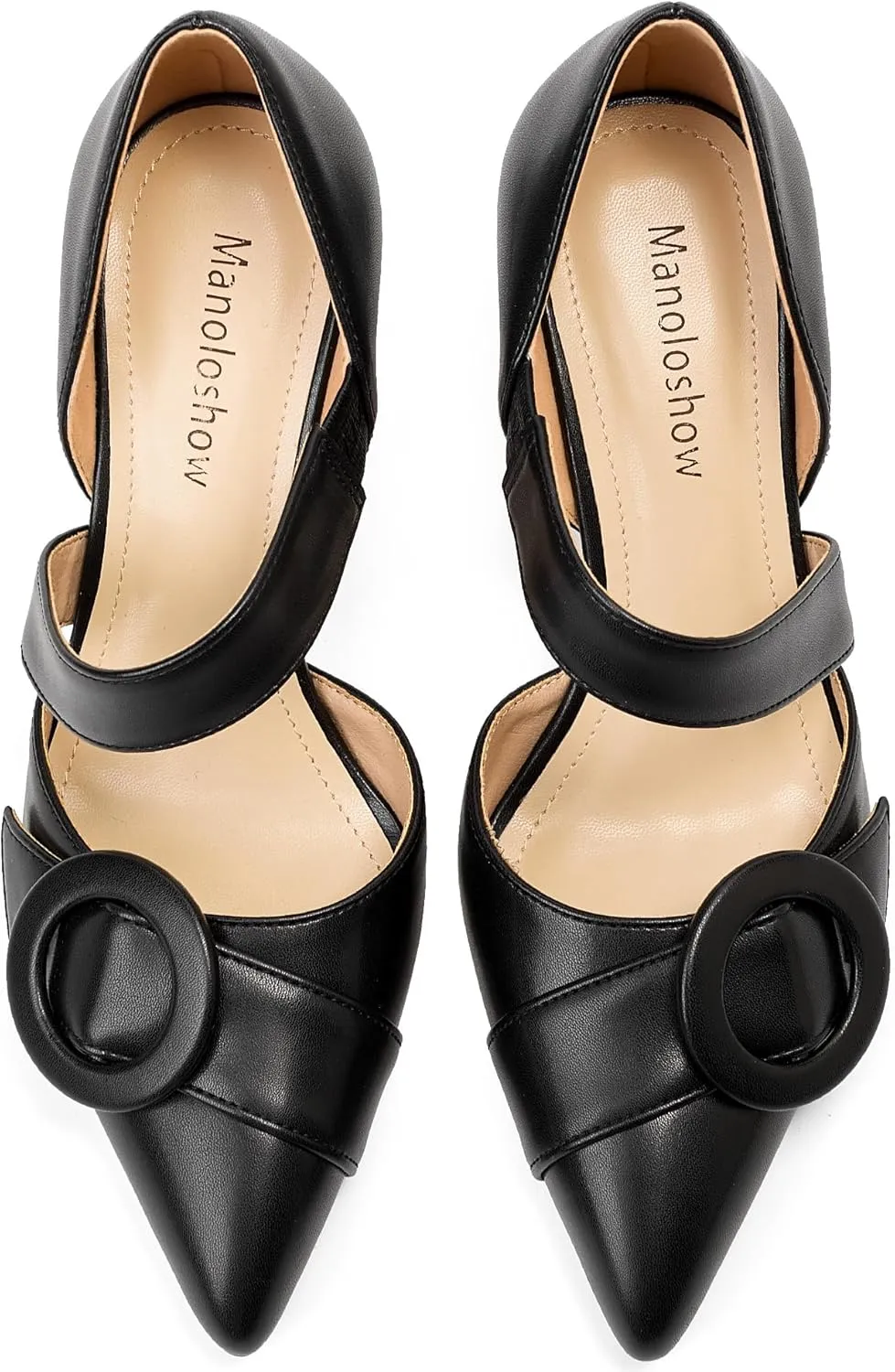Women's Pointed Toe D'Orsay Pumps with Fashion Round Buckle, Closed Toe 3" Stiletto High Heels with Comfy S Elastic Strap for Dress Work Office Shoes