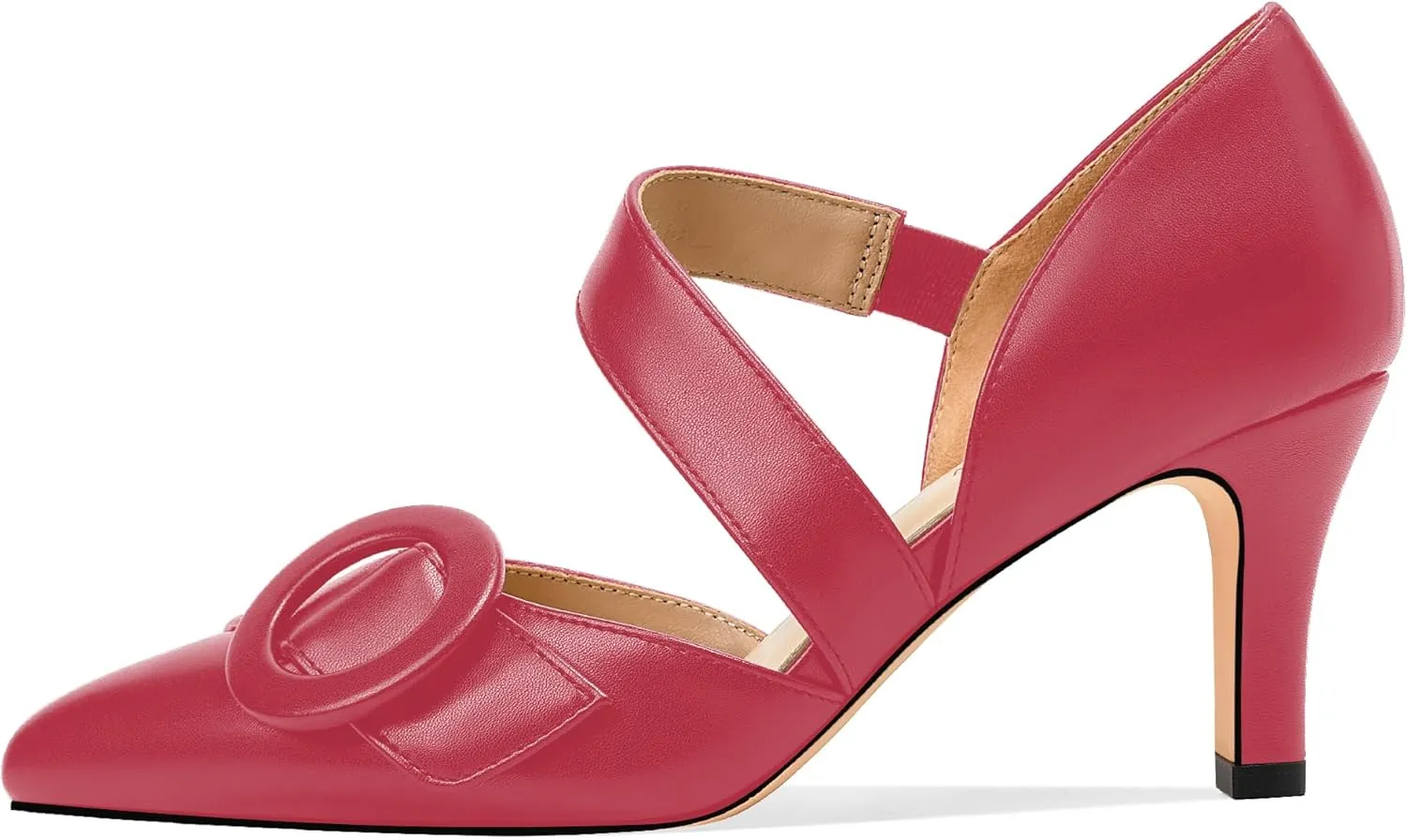 Women's Pointed Toe D'Orsay Pumps with Fashion Round Buckle, Closed Toe 3" Stiletto High Heels with Comfy S Elastic Strap for Dress Work Office Shoes