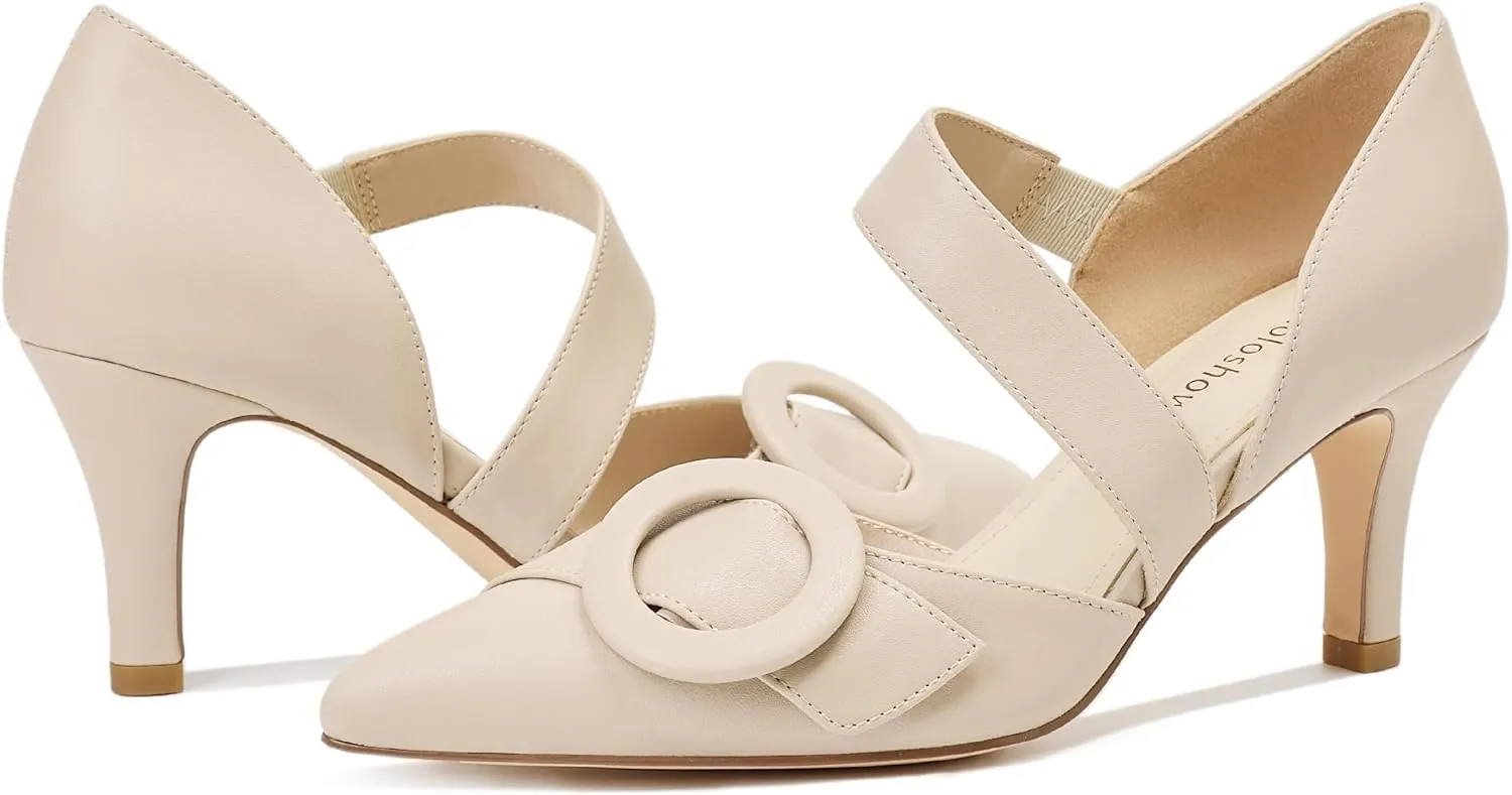 Women's Pointed Toe D'Orsay Pumps with Fashion Round Buckle, Closed Toe 3" Stiletto High Heels with Comfy S Elastic Strap for Dress Work Office Shoes