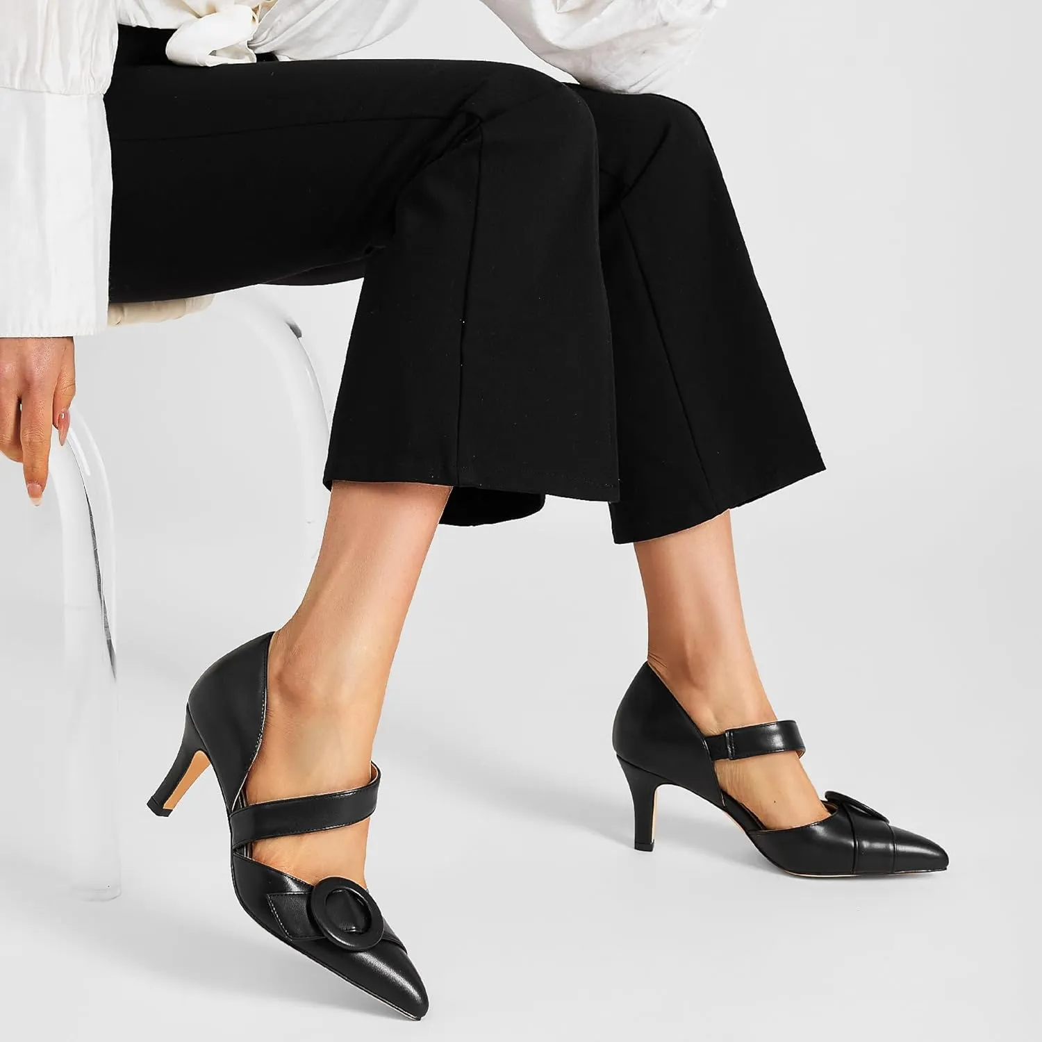 Women's Pointed Toe D'Orsay Pumps with Fashion Round Buckle, Closed Toe 3" Stiletto High Heels with Comfy S Elastic Strap for Dress Work Office Shoes