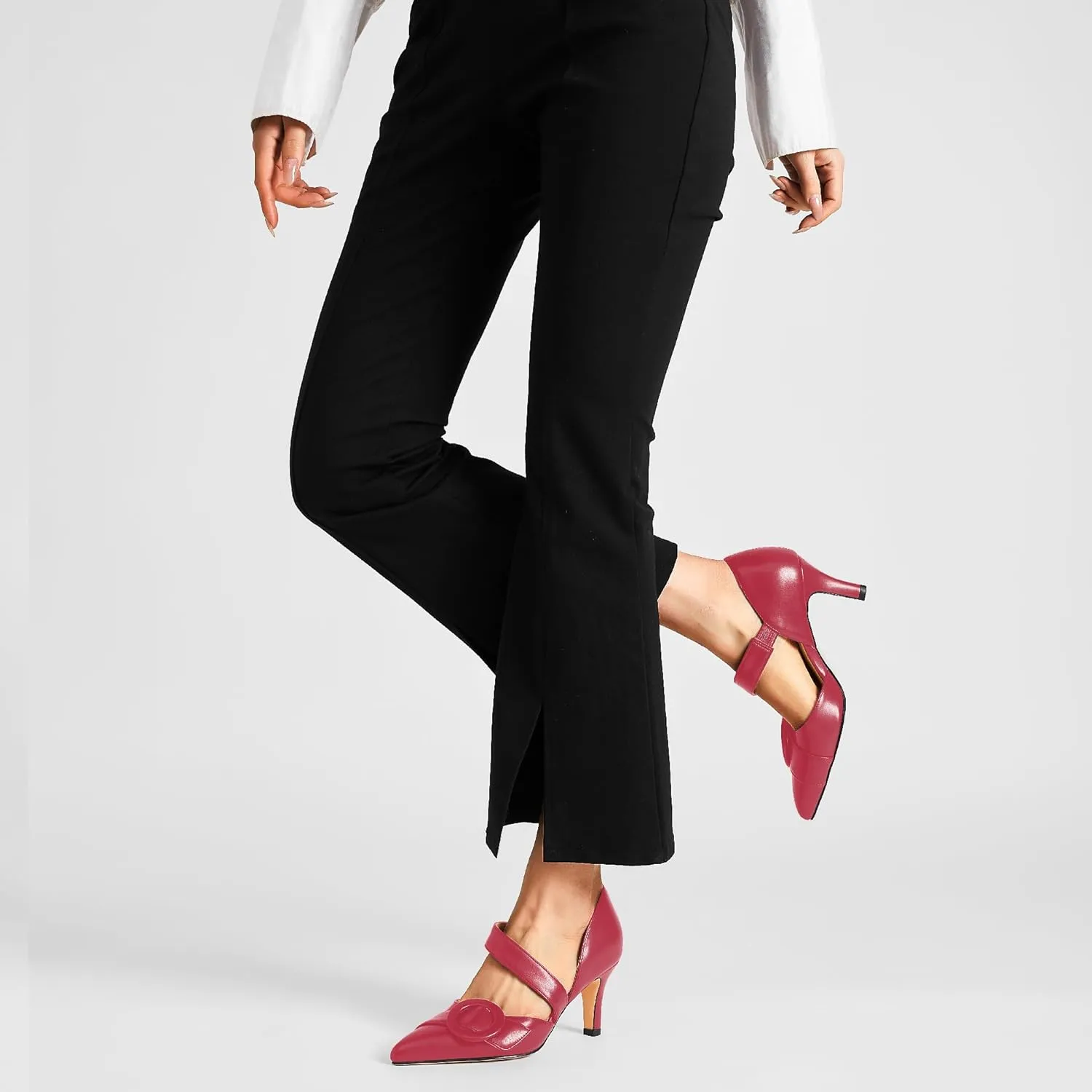 Women's Pointed Toe D'Orsay Pumps with Fashion Round Buckle, Closed Toe 3" Stiletto High Heels with Comfy S Elastic Strap for Dress Work Office Shoes