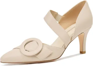Women's Pointed Toe D'Orsay Pumps with Fashion Round Buckle, Closed Toe 3" Stiletto High Heels with Comfy S Elastic Strap for Dress Work Office Shoes