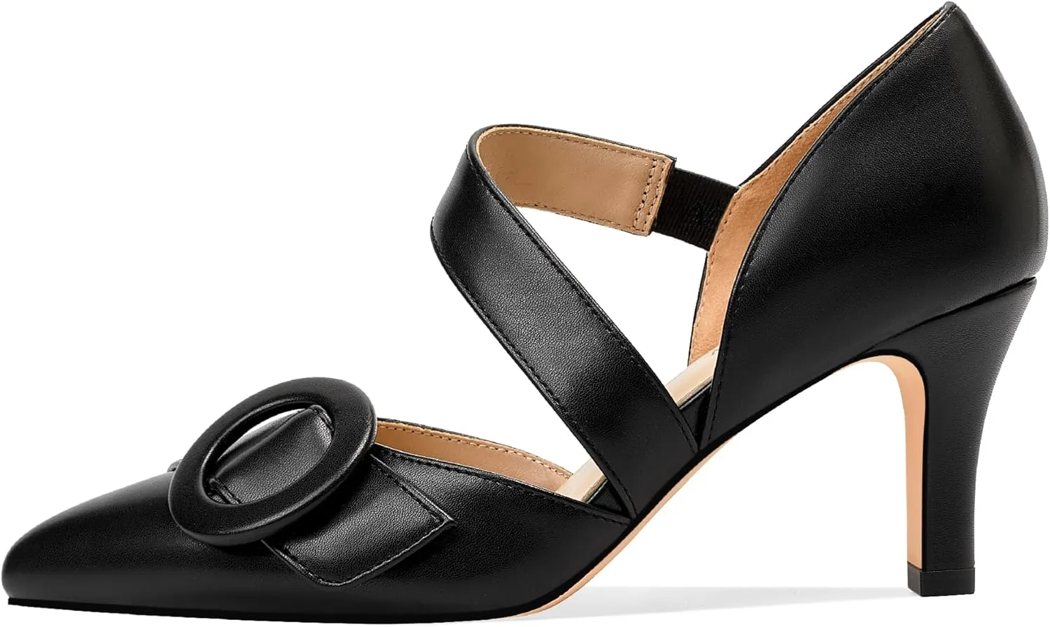 Women's Pointed Toe D'Orsay Pumps with Fashion Round Buckle, Closed Toe 3" Stiletto High Heels with Comfy S Elastic Strap for Dress Work Office Shoes
