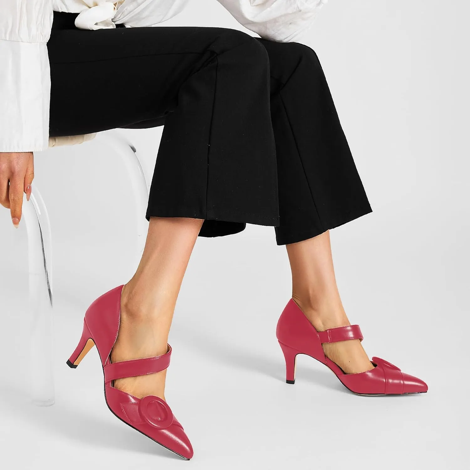 Women's Pointed Toe D'Orsay Pumps with Fashion Round Buckle, Closed Toe 3" Stiletto High Heels with Comfy S Elastic Strap for Dress Work Office Shoes
