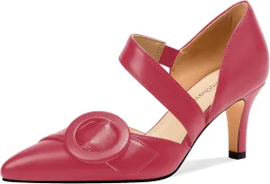 Women's Pointed Toe D'Orsay Pumps with Fashion Round Buckle, Closed Toe 3" Stiletto High Heels with Comfy S Elastic Strap for Dress Work Office Shoes