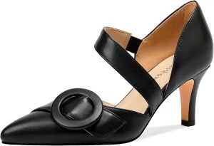 Women's Pointed Toe D'Orsay Pumps with Fashion Round Buckle, Closed Toe 3" Stiletto High Heels with Comfy S Elastic Strap for Dress Work Office Shoes