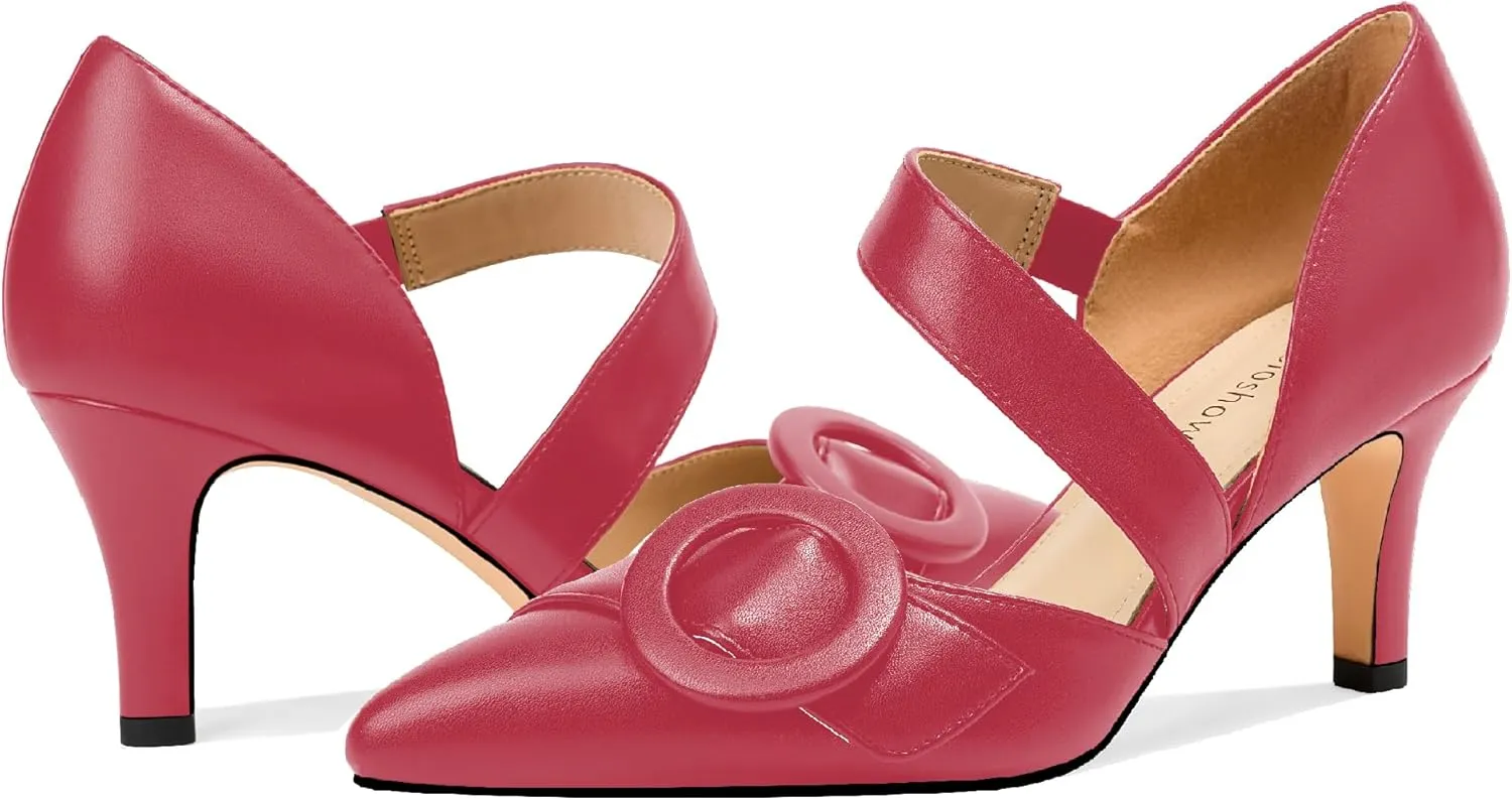 Women's Pointed Toe D'Orsay Pumps with Fashion Round Buckle, Closed Toe 3" Stiletto High Heels with Comfy S Elastic Strap for Dress Work Office Shoes