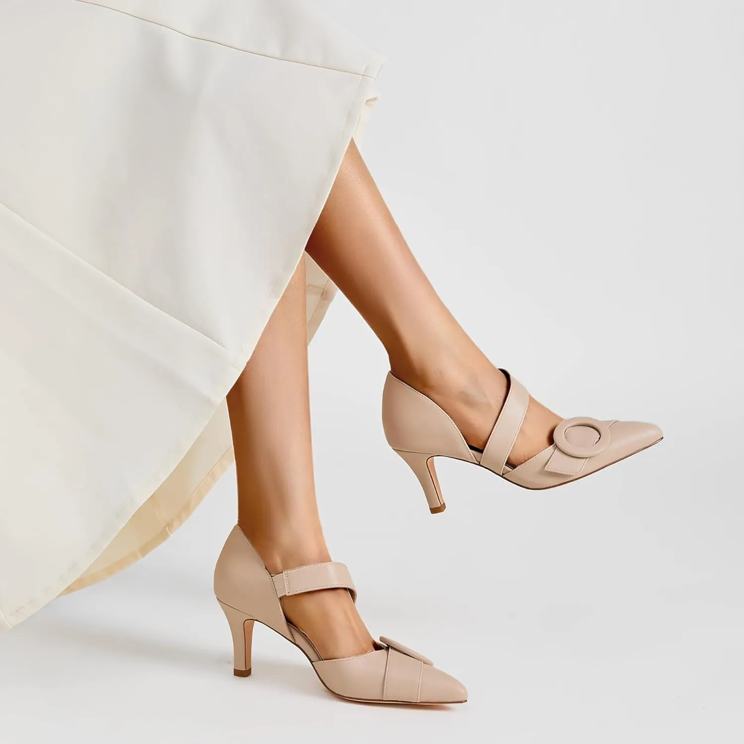 Women's Pointed Toe D'Orsay Pumps with Fashion Round Buckle, Closed Toe 3" Stiletto High Heels with Comfy S Elastic Strap for Dress Work Office Shoes