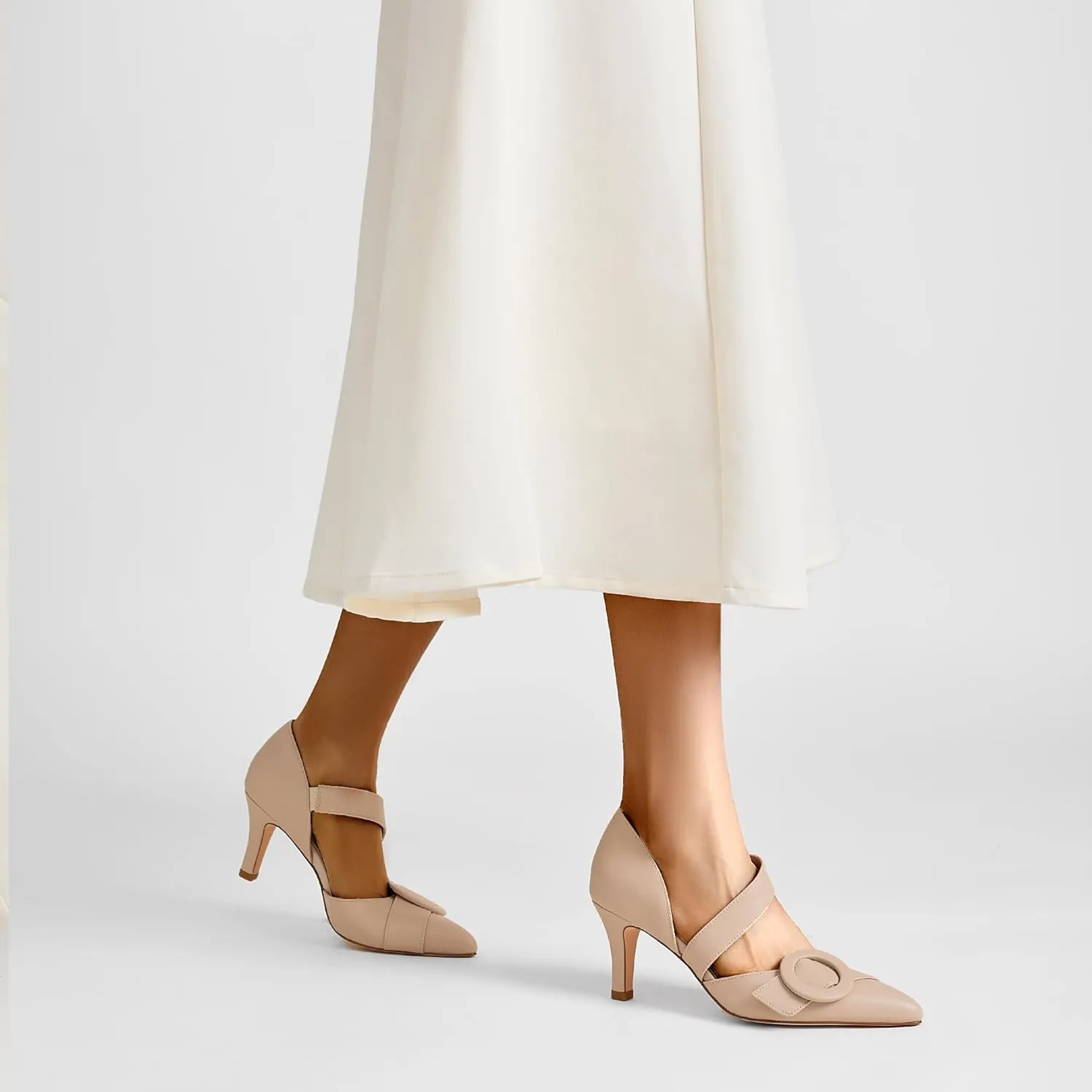 Women's Pointed Toe D'Orsay Pumps with Fashion Round Buckle, Closed Toe 3" Stiletto High Heels with Comfy S Elastic Strap for Dress Work Office Shoes