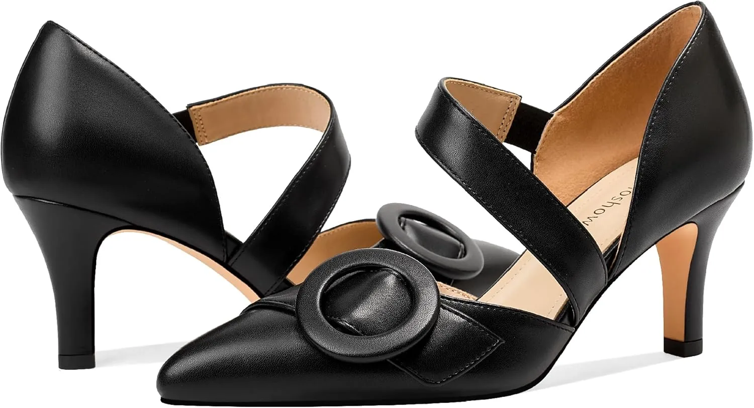 Women's Pointed Toe D'Orsay Pumps with Fashion Round Buckle, Closed Toe 3" Stiletto High Heels with Comfy S Elastic Strap for Dress Work Office Shoes