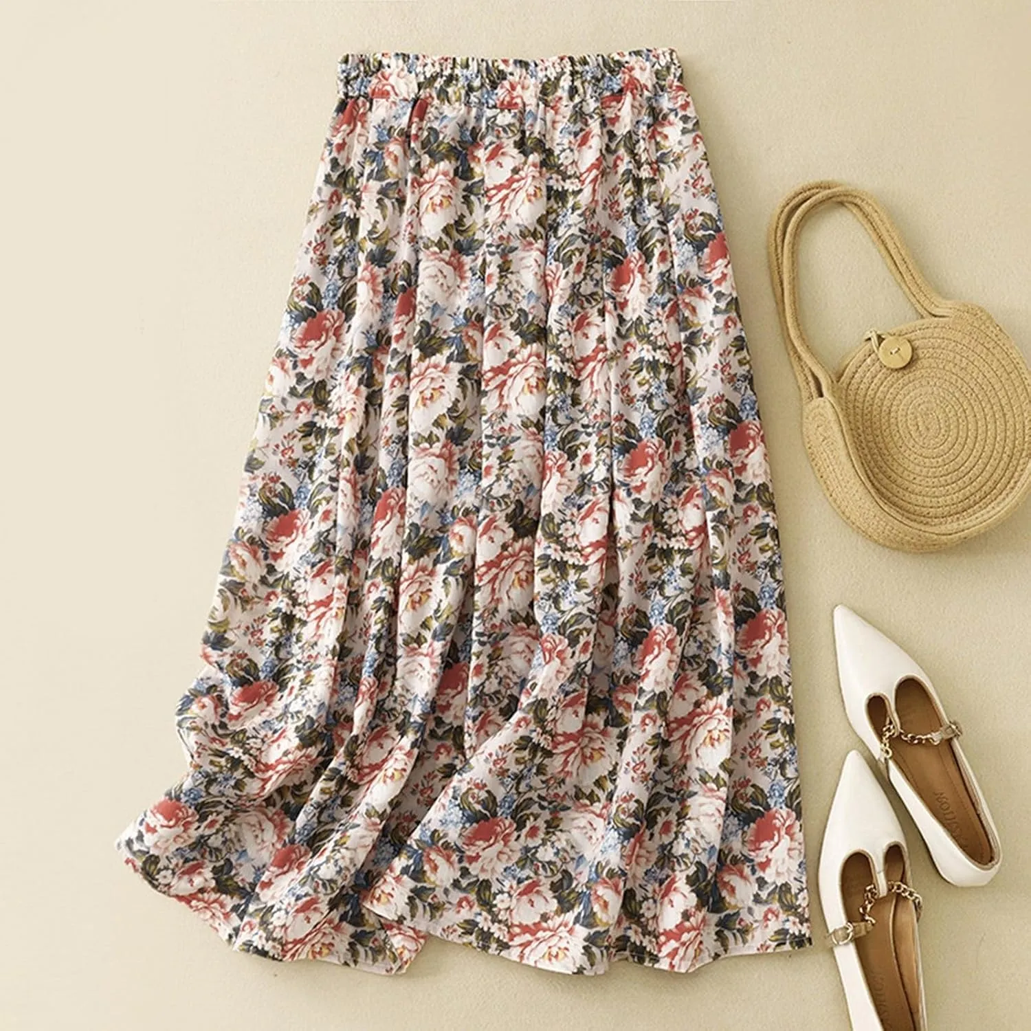 Women's Polka Dot A-Line Skirt Elegant Boho Swing Pleated Linen Hem Midi Skirt High Waist Elastic Casual Party Holiday Skirts