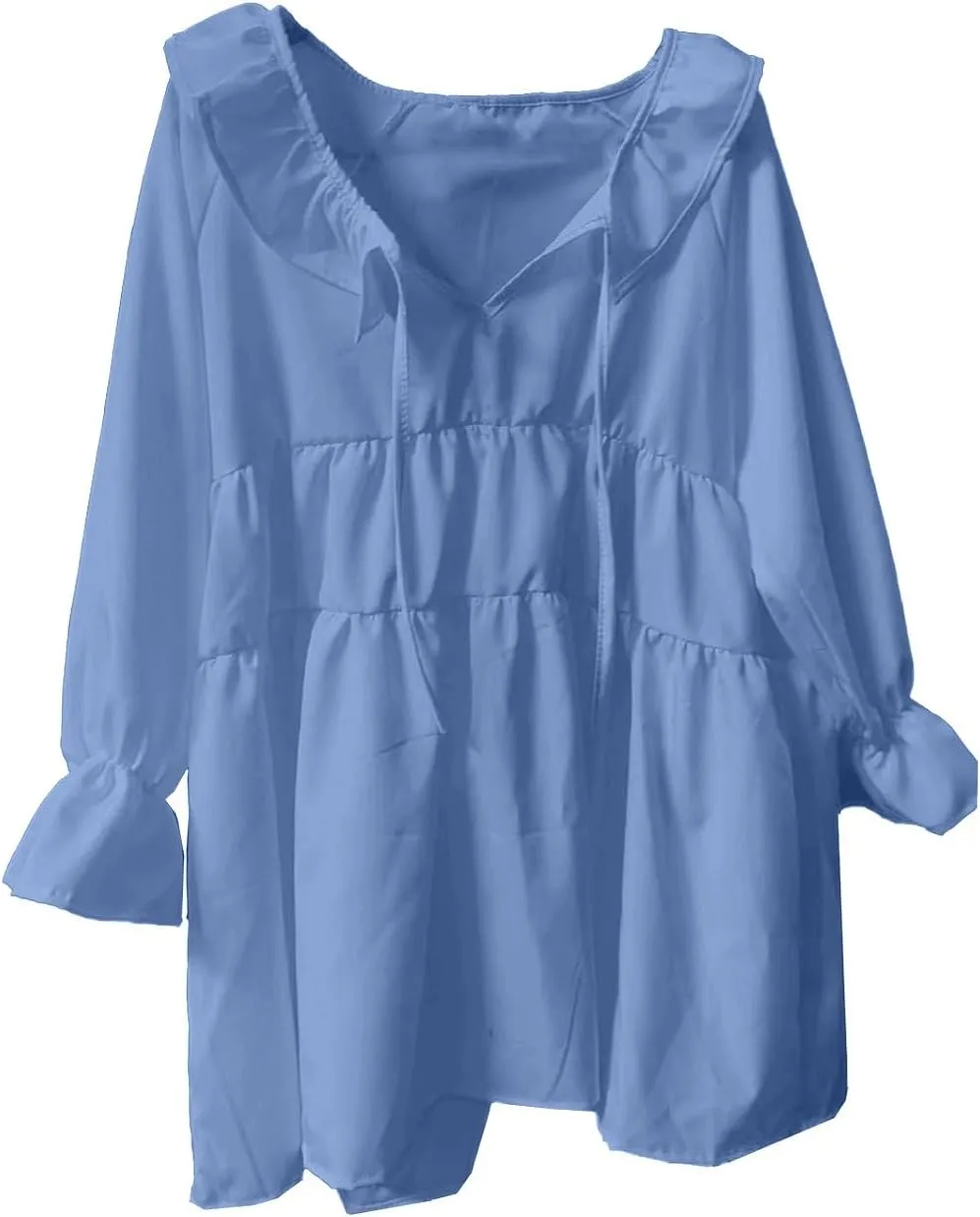 Womens Scoop Neck 3/4 Length Sleeve Tops Casual Tie Front Ruffle Tiered Loose Tunic Shirts Blouses Summer Outfits