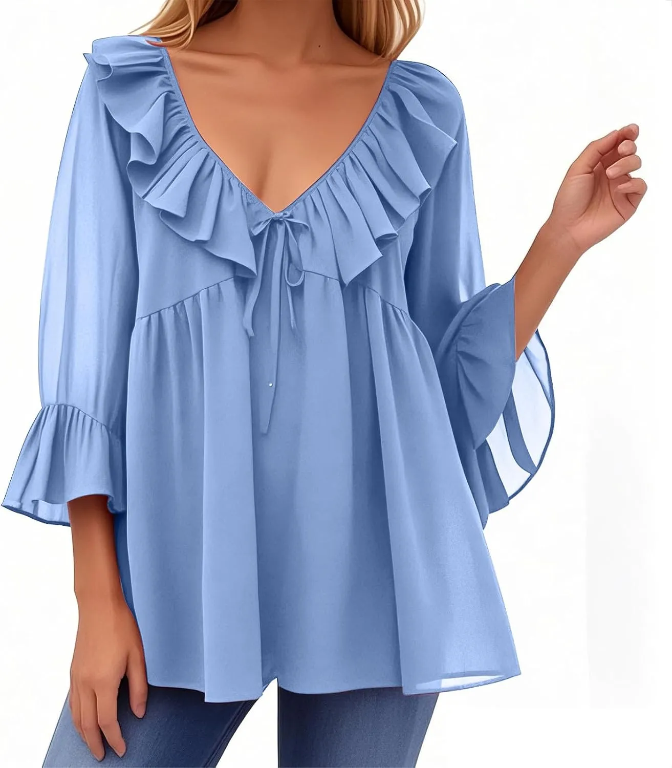 Womens Scoop Neck 3/4 Length Sleeve Tops Casual Tie Front Ruffle Tiered Loose Tunic Shirts Blouses Summer Outfits