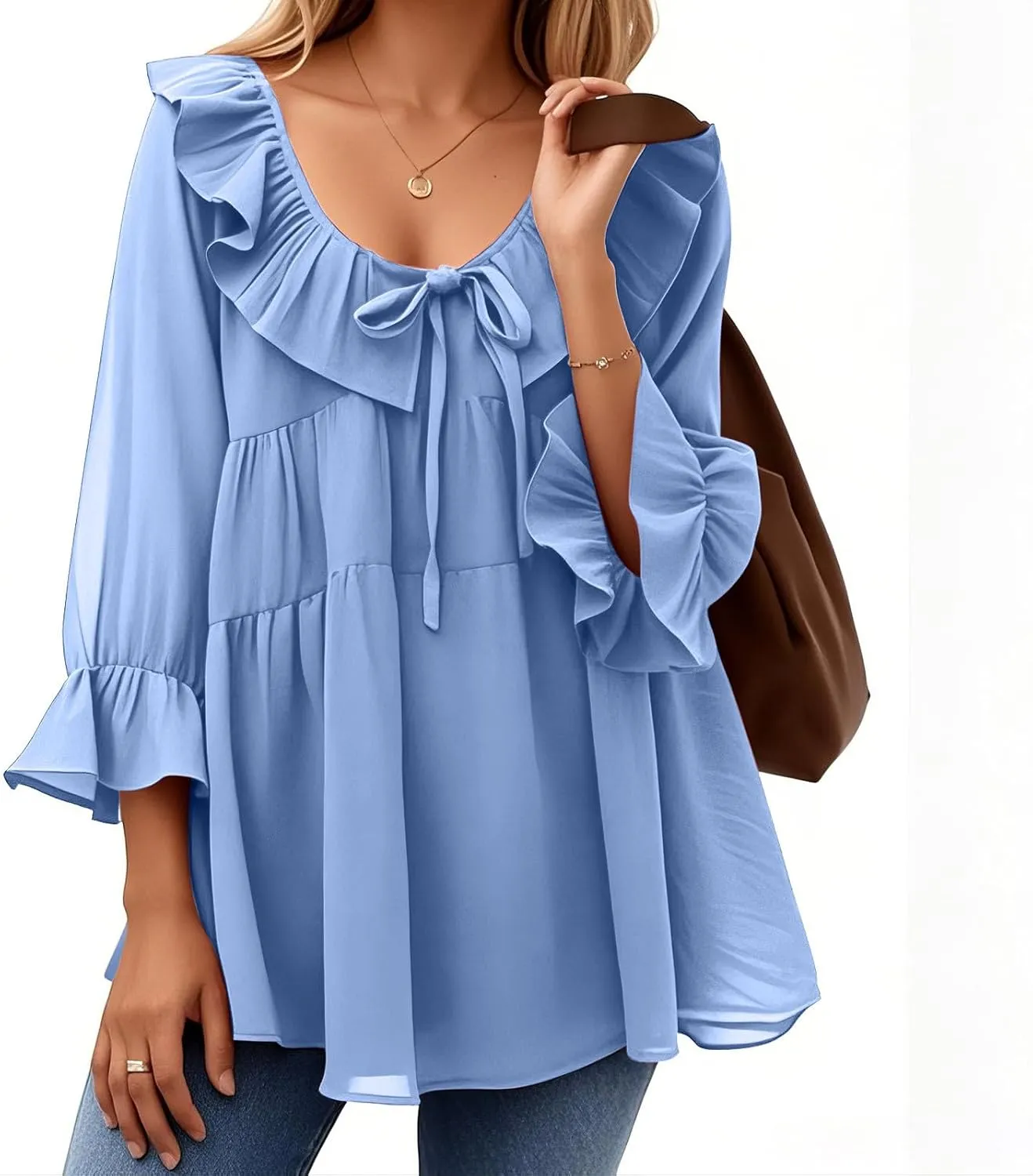 Womens Scoop Neck 3/4 Length Sleeve Tops Casual Tie Front Ruffle Tiered Loose Tunic Shirts Blouses Summer Outfits
