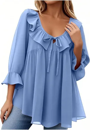 Womens Scoop Neck 3/4 Length Sleeve Tops Casual Tie Front Ruffle Tiered Loose Tunic Shirts Blouses Summer Outfits