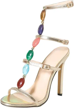 Women's Sexy Heel Sandals Summer Stiletto Heel Trendy 2024 Pearl Dressy Beach Spring Comfy Cute Fashion, 7, Gold