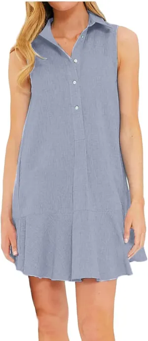Womens Shirt Dress Button V Neck Lapel Collar Sleeveless Mini Dress Ruffle Short Tunic Dress Loose Casual Sundress