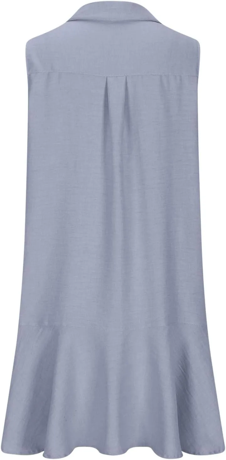 Womens Shirt Dress Button V Neck Lapel Collar Sleeveless Mini Dress Ruffle Short Tunic Dress Loose Casual Sundress