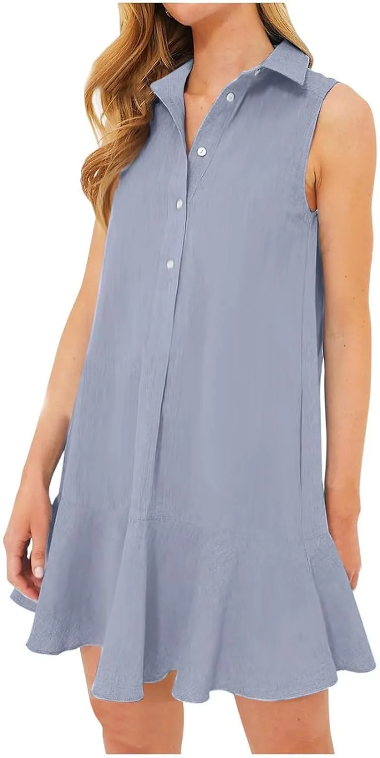 Womens Shirt Dress Button V Neck Lapel Collar Sleeveless Mini Dress Ruffle Short Tunic Dress Loose Casual Sundress
