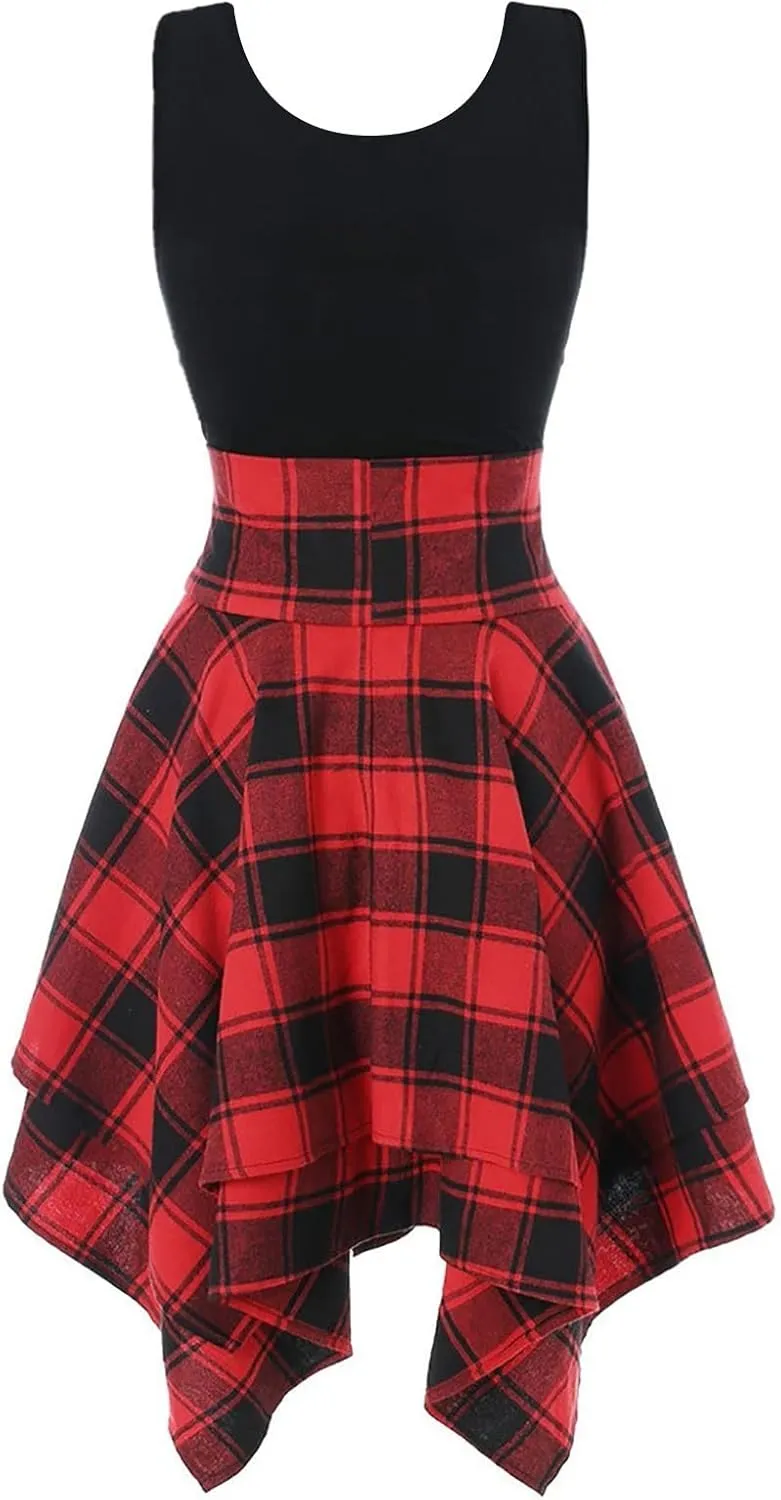 Women's Spring Dresses 2024 Fashion Sleeveless Cold Shoulder Cross Up Plaid Print Irregular Dress, S-2Xl