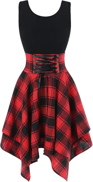 Women's Spring Dresses 2024 Fashion Sleeveless Cold Shoulder Cross Up Plaid Print Irregular Dress, S-2Xl