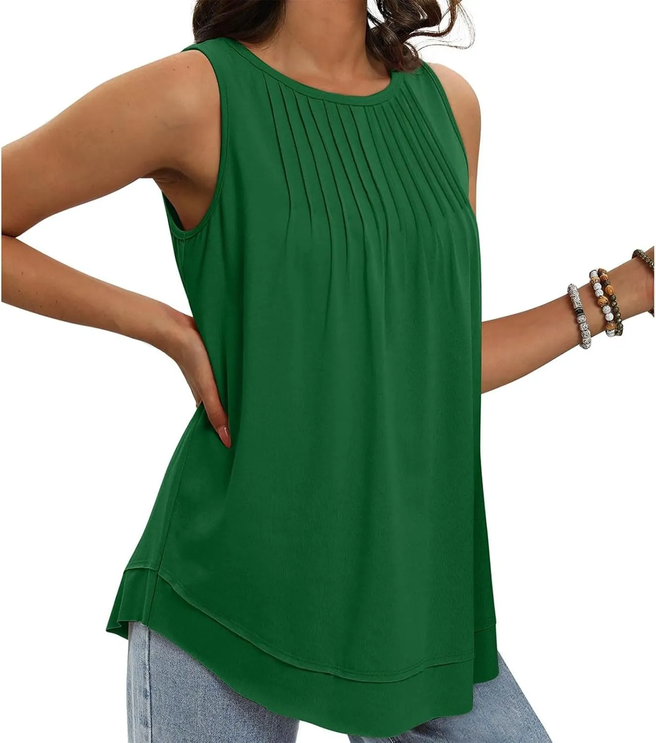 Womens Tank Tops Crew Neck Pleated Loose Fit Curved Hem Flowy Casual Large Size Tops Women Beach Working Business