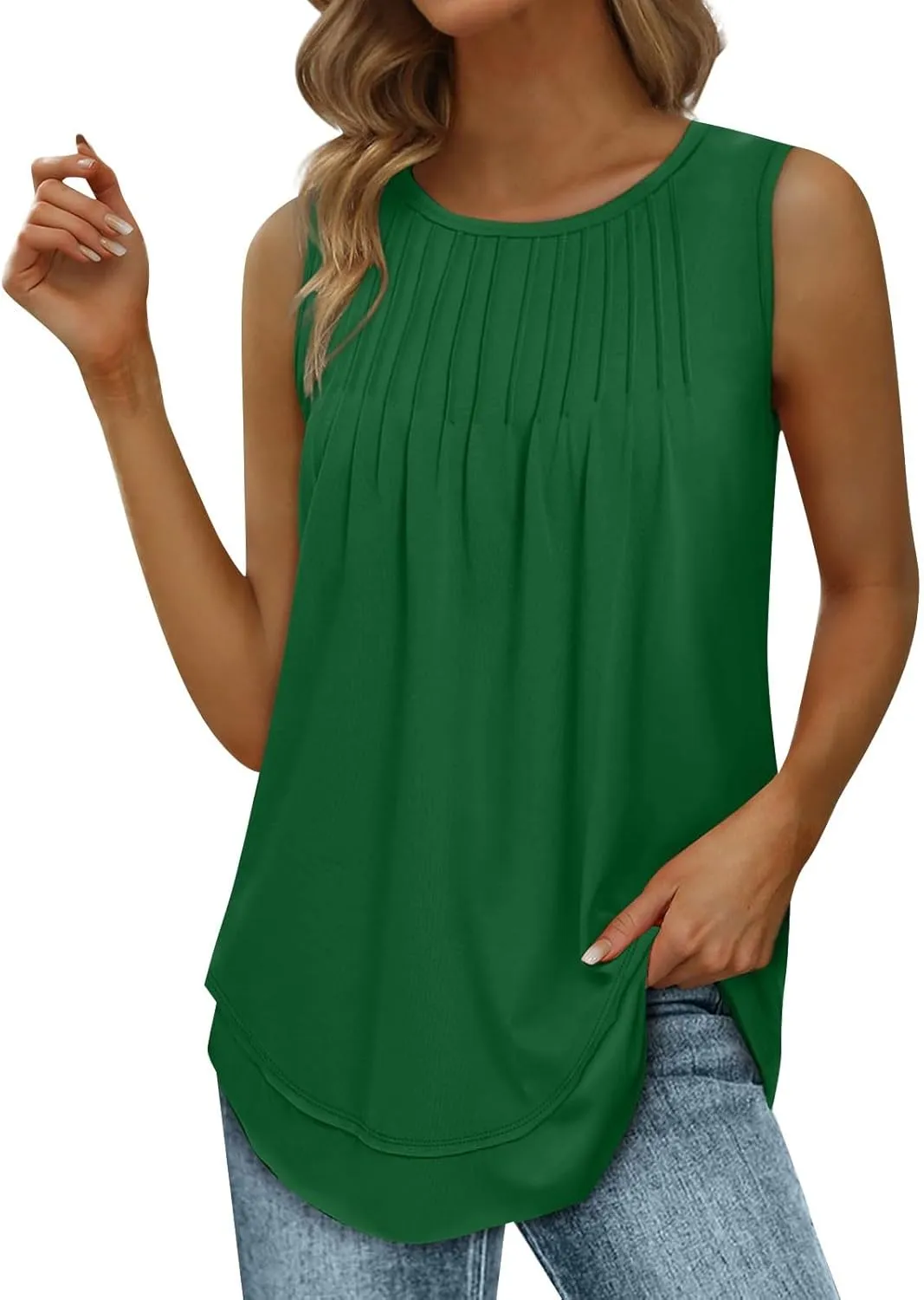 Womens Tank Tops Crew Neck Pleated Loose Fit Curved Hem Flowy Casual Large Size Tops Women Beach Working Business
