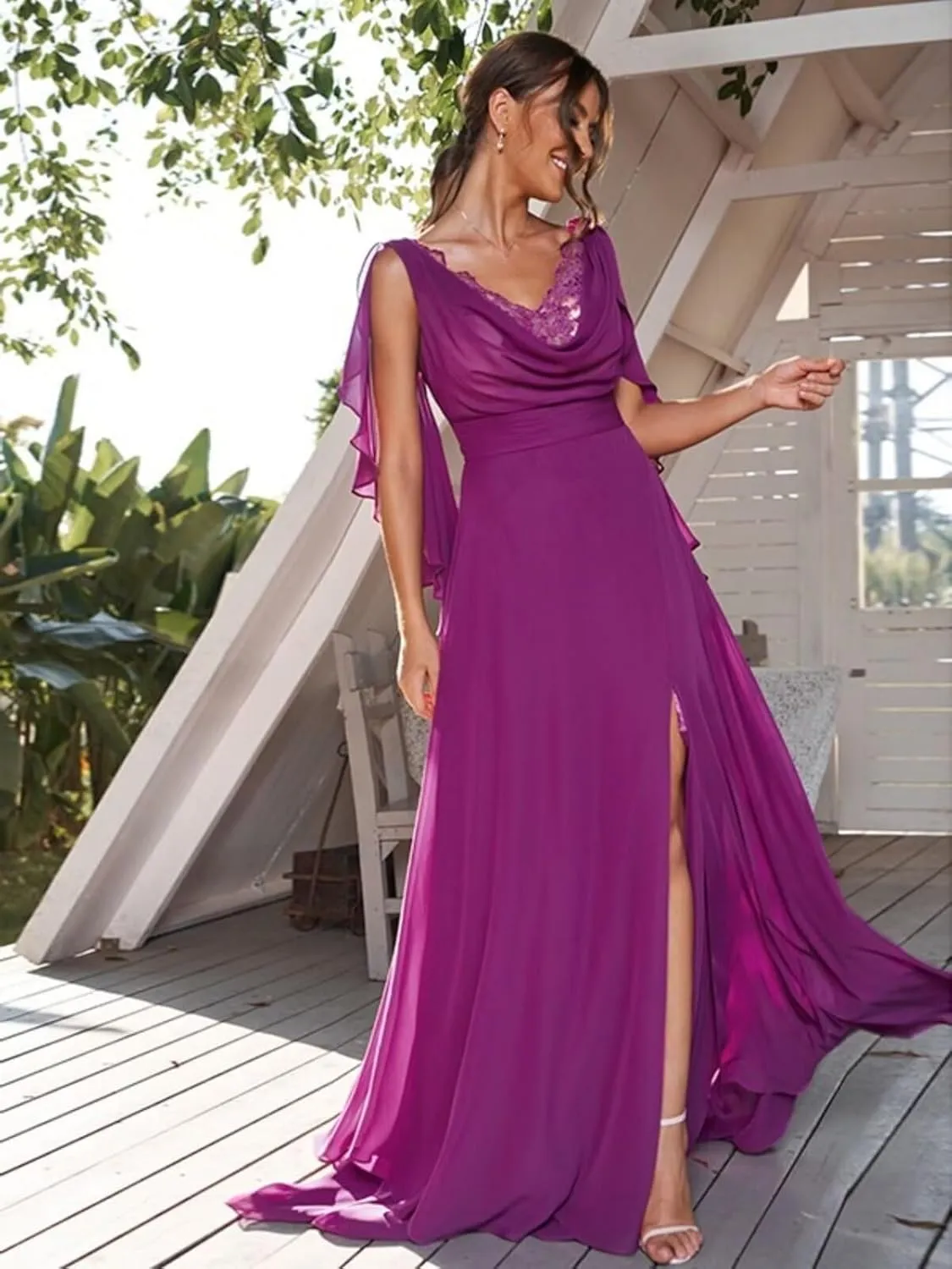 Women's V Neck Mother of The Bride Dresses Long for Wedding Lace Chiffon Bridesmaid Dress with Slit