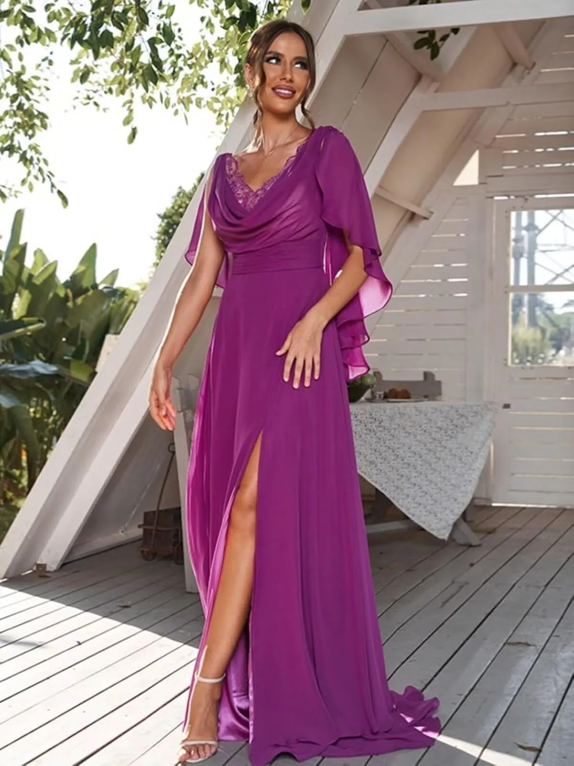 Women's V Neck Mother of The Bride Dresses Long for Wedding Lace Chiffon Bridesmaid Dress with Slit