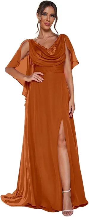 Women's V Neck Mother of The Bride Dresses Long for Wedding Lace Chiffon Bridesmaid Dress with Slit