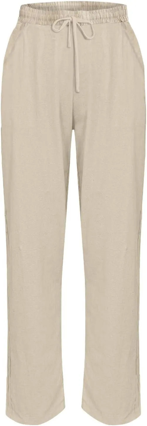 Womens Wide Leg Linen Pants Vintage Hippie Trousers Summer Beach Vacation Lounge Outfits Harem Pants with Pockets