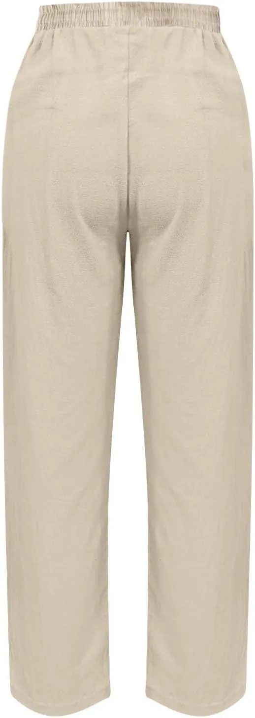 Womens Wide Leg Linen Pants Vintage Hippie Trousers Summer Beach Vacation Lounge Outfits Harem Pants with Pockets