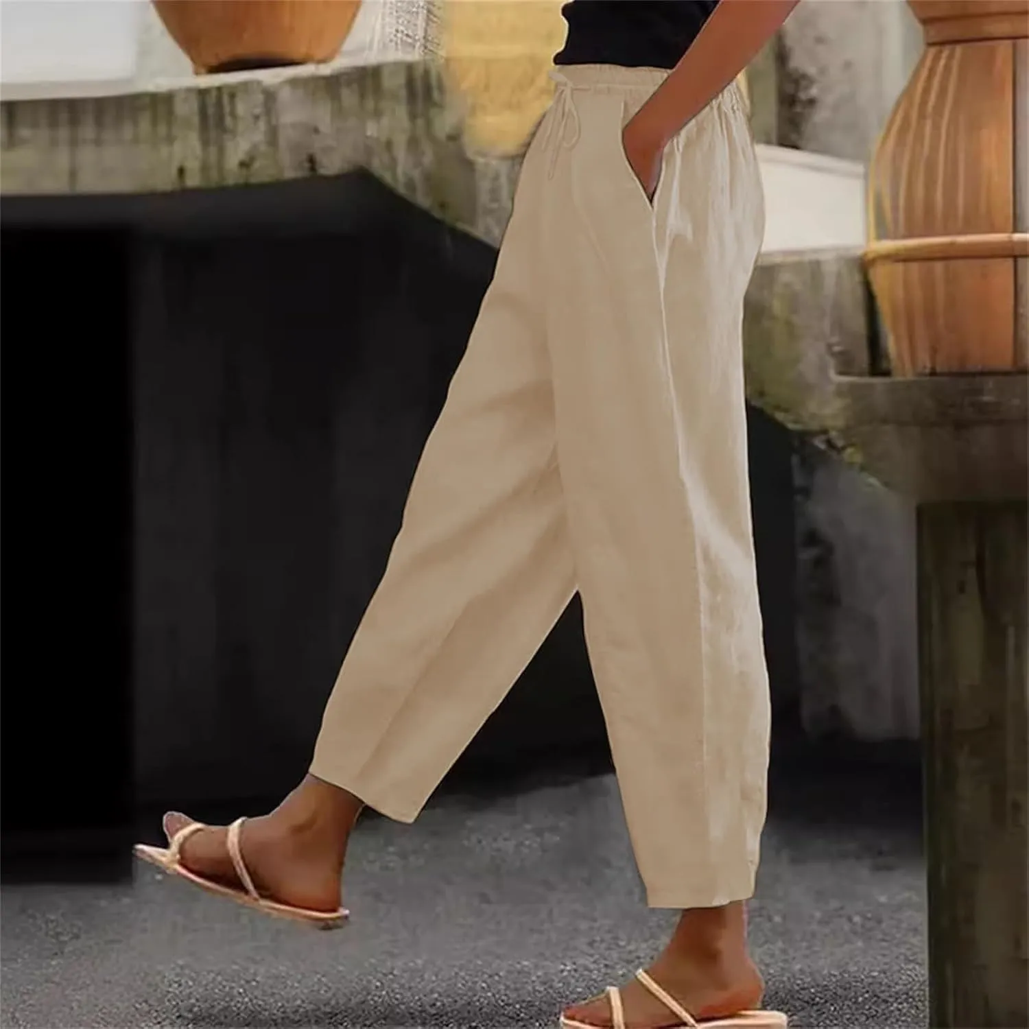 Womens Wide Leg Linen Pants Vintage Hippie Trousers Summer Beach Vacation Lounge Outfits Harem Pants with Pockets