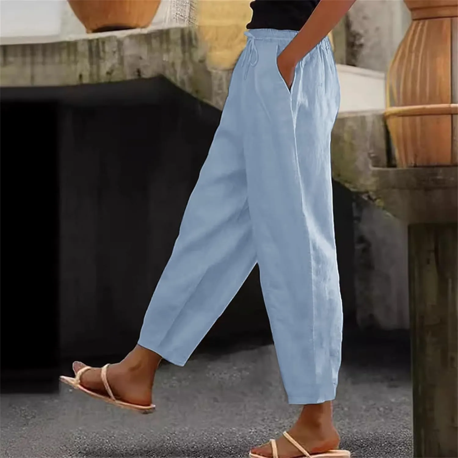 Womens Wide Leg Linen Pants Vintage Hippie Trousers Summer Beach Vacation Lounge Outfits Harem Pants with Pockets