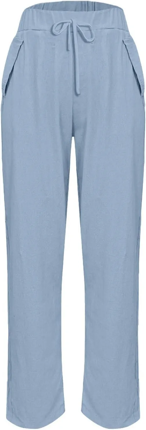 Womens Wide Leg Linen Pants Vintage Hippie Trousers Summer Beach Vacation Lounge Outfits Harem Pants with Pockets