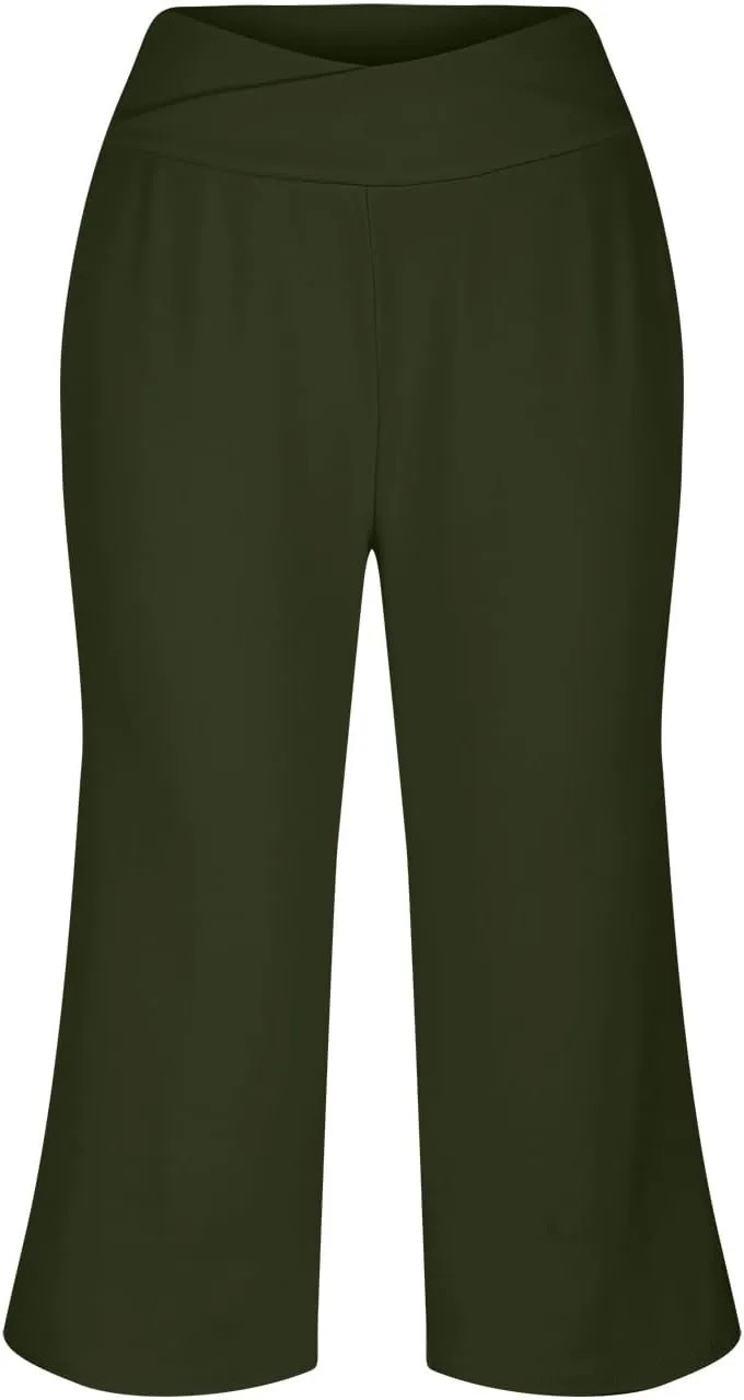 Womens Yoga Capri Pants Solid High Waist Pocket Active Trousers Comfy Breathable Fitness Pants Wide Leg Capri Pants