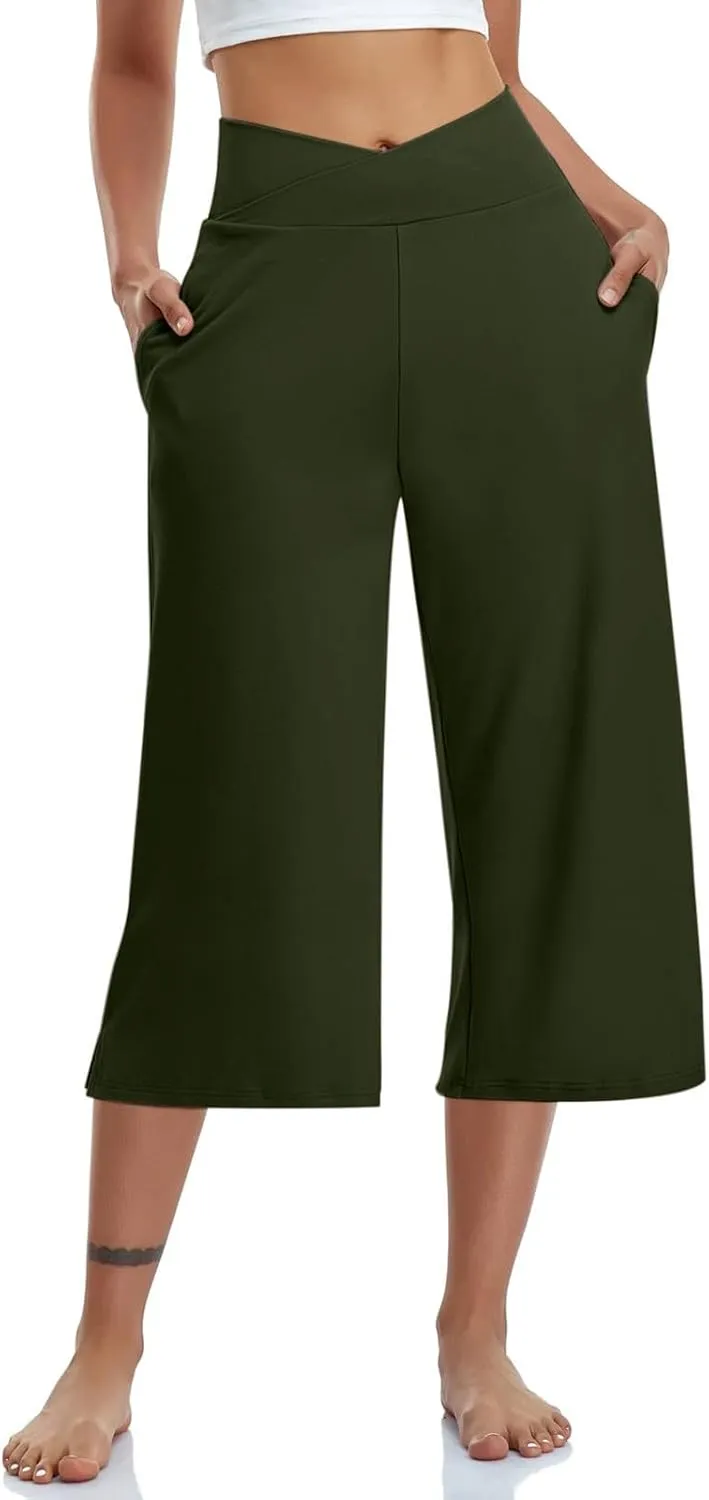 Womens Yoga Capri Pants Solid High Waist Pocket Active Trousers Comfy Breathable Fitness Pants Wide Leg Capri Pants