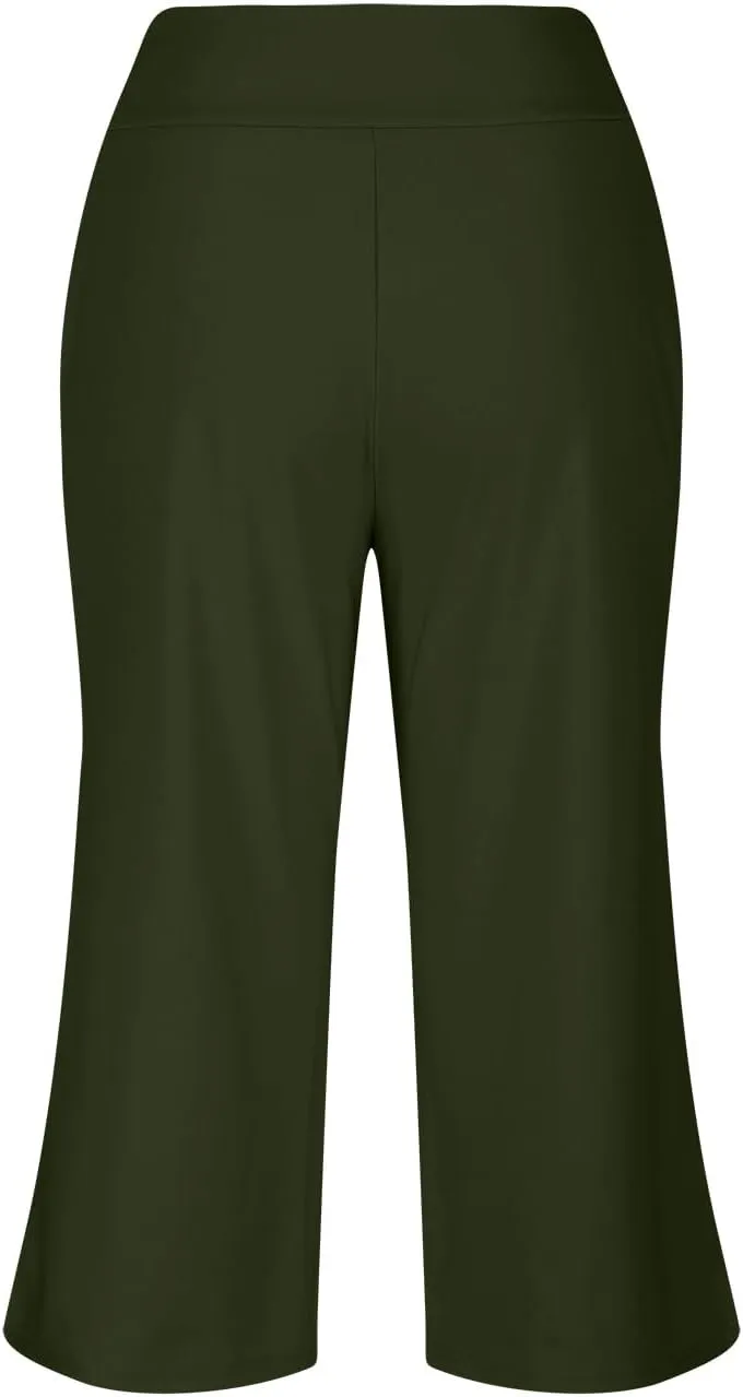 Womens Yoga Capri Pants Solid High Waist Pocket Active Trousers Comfy Breathable Fitness Pants Wide Leg Capri Pants