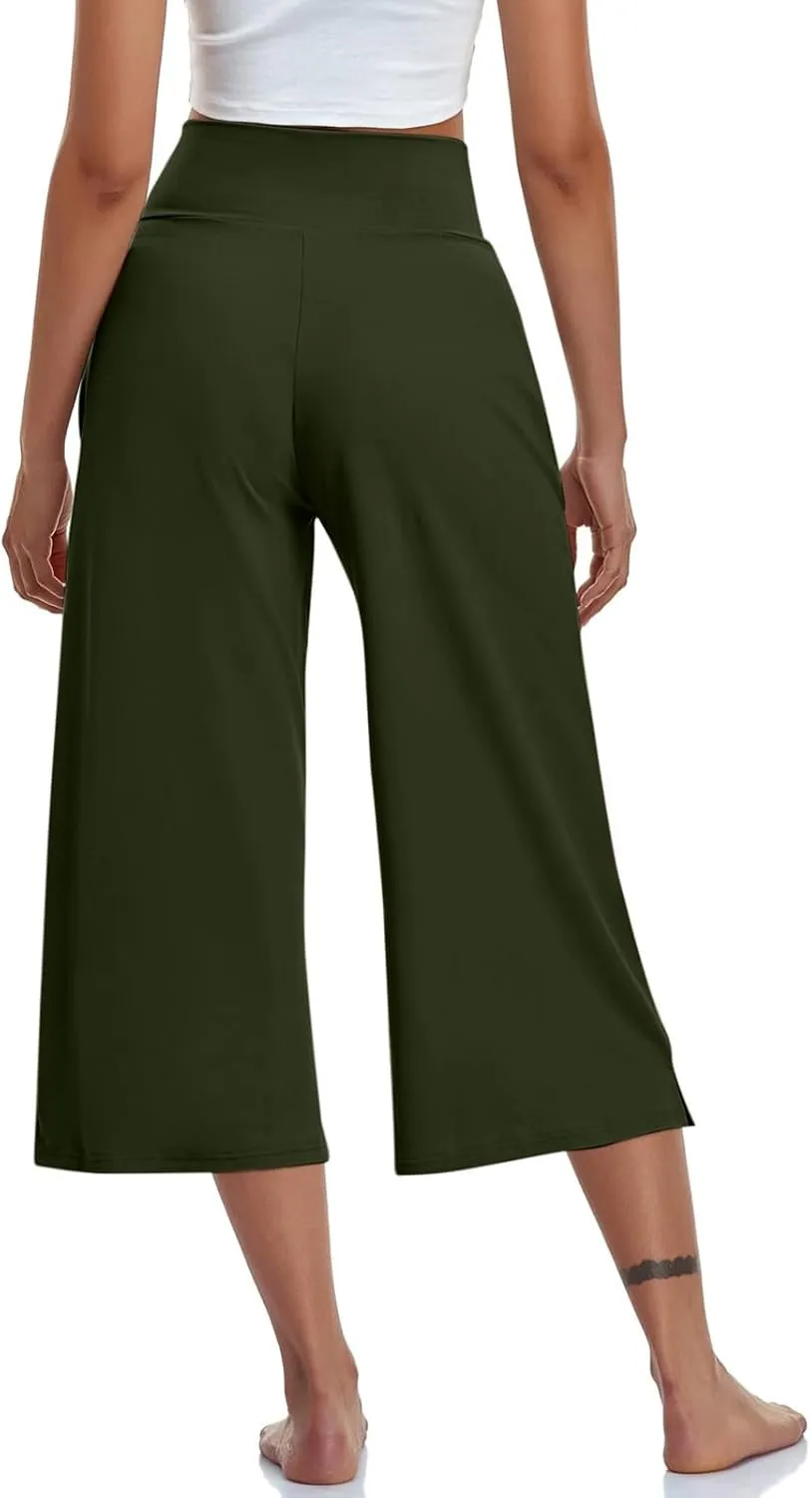 Womens Yoga Capri Pants Solid High Waist Pocket Active Trousers Comfy Breathable Fitness Pants Wide Leg Capri Pants