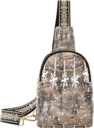 Wooden Snowflakes Fanny Pack Crossbody PC Leather Small Sling Bag for Women Christmas Fashion Waist Packs Chest Bag for Travel Sports Running Hiking