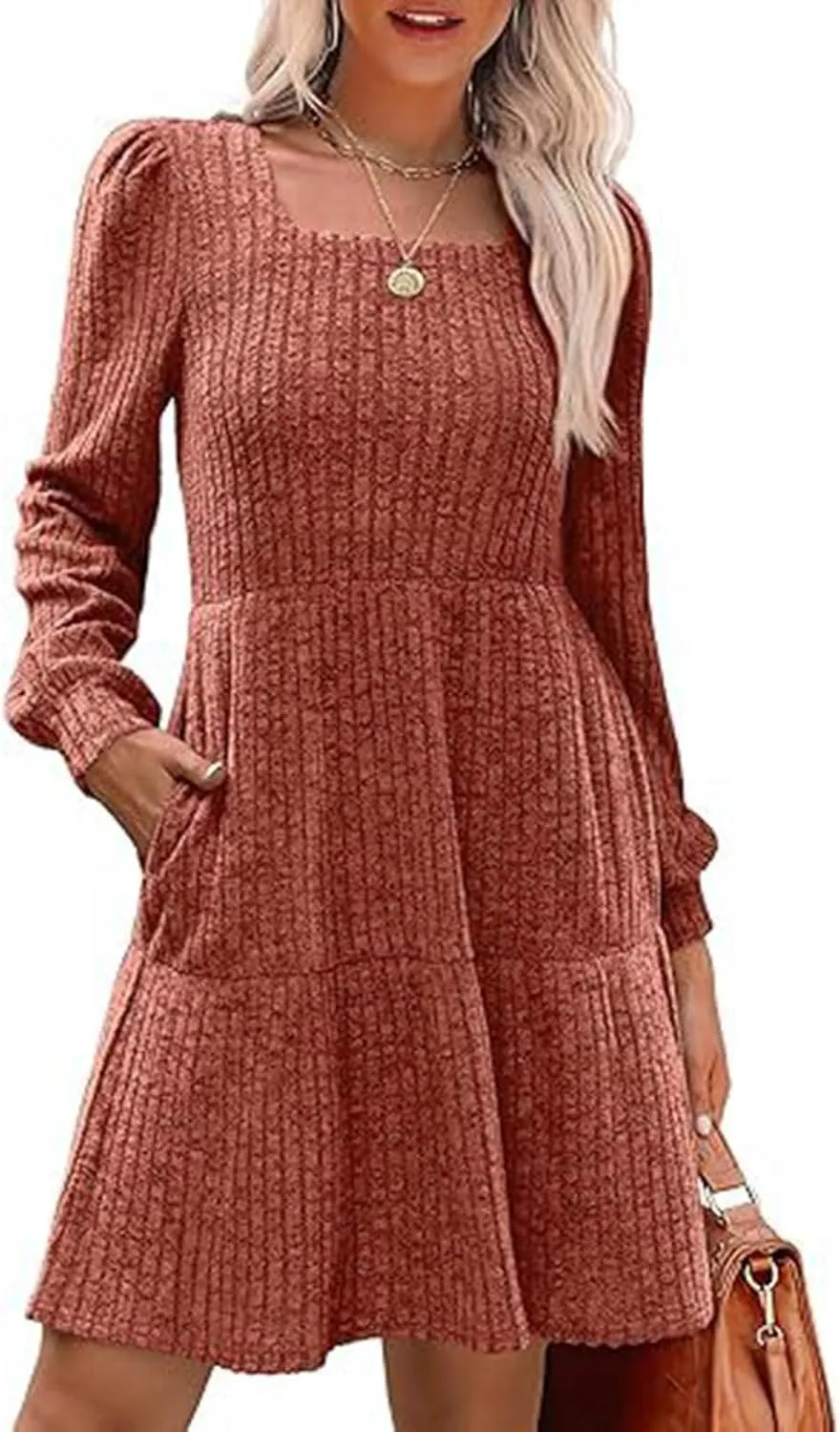 Xiaojmake Womens Square Neck Sweater Dress Long Sleeve Knit Dresses Fall Casual Babydoll Dress Ruffle A-Line Mini Dresses