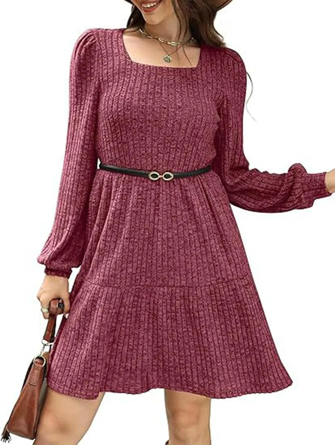 Xiaojmake Womens Square Neck Sweater Dress Long Sleeve Knit Dresses Fall Casual Babydoll Dress Ruffle A-Line Mini Dresses