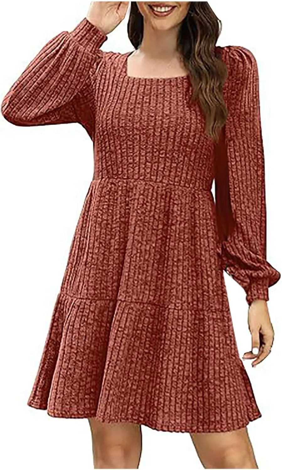 Xiaojmake Womens Square Neck Sweater Dress Long Sleeve Knit Dresses Fall Casual Babydoll Dress Ruffle A-Line Mini Dresses
